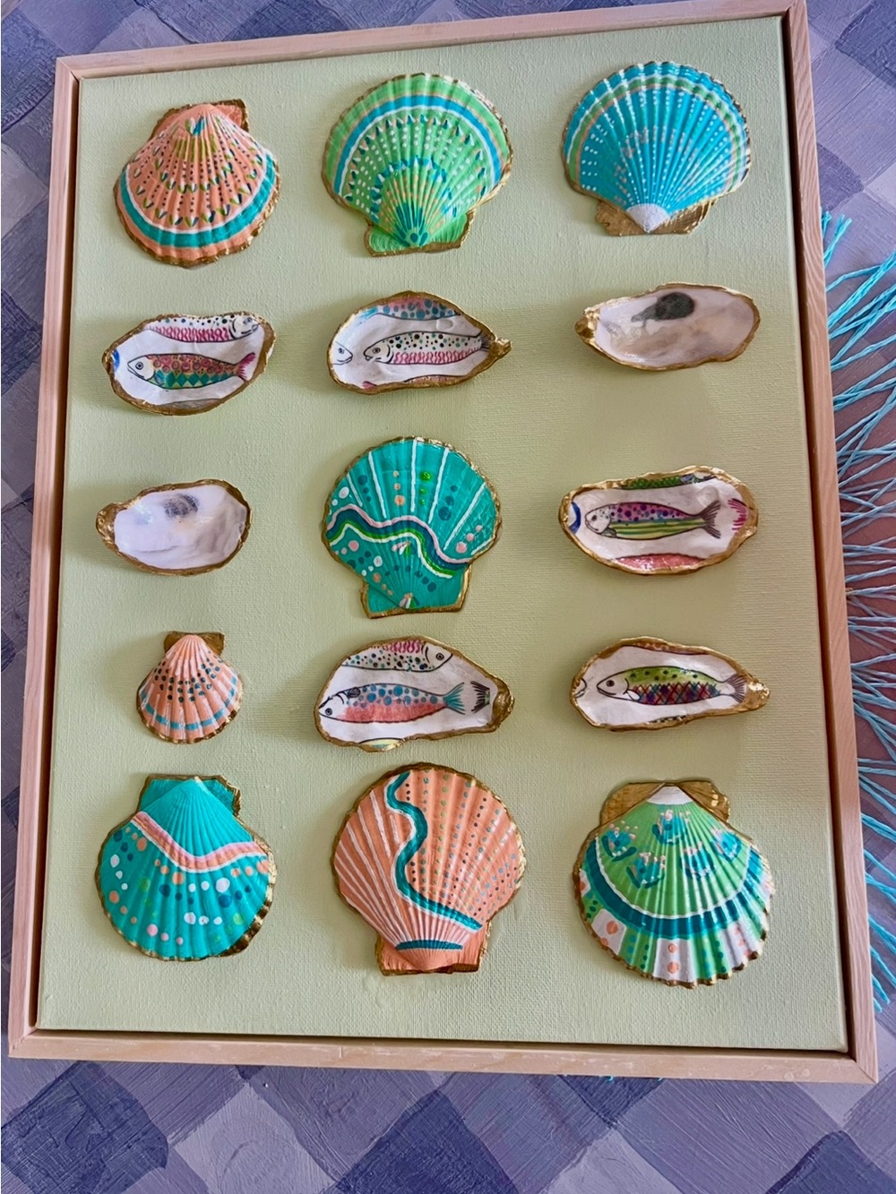 13” X  17” Hand Painted Coastal Shell Wall Art Framed Canvas – One of a Kind